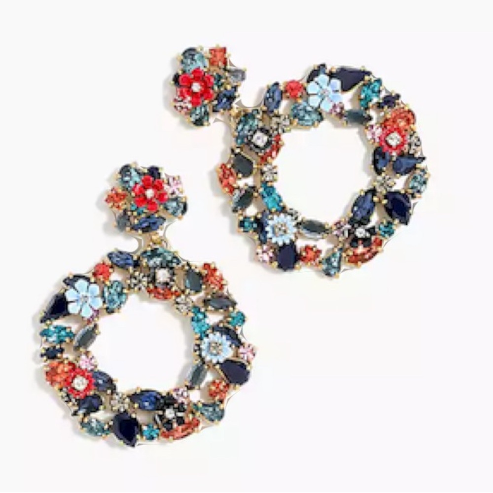 J.Crew, colorful floral crystal hoop, dangle earrings never worn NWOT